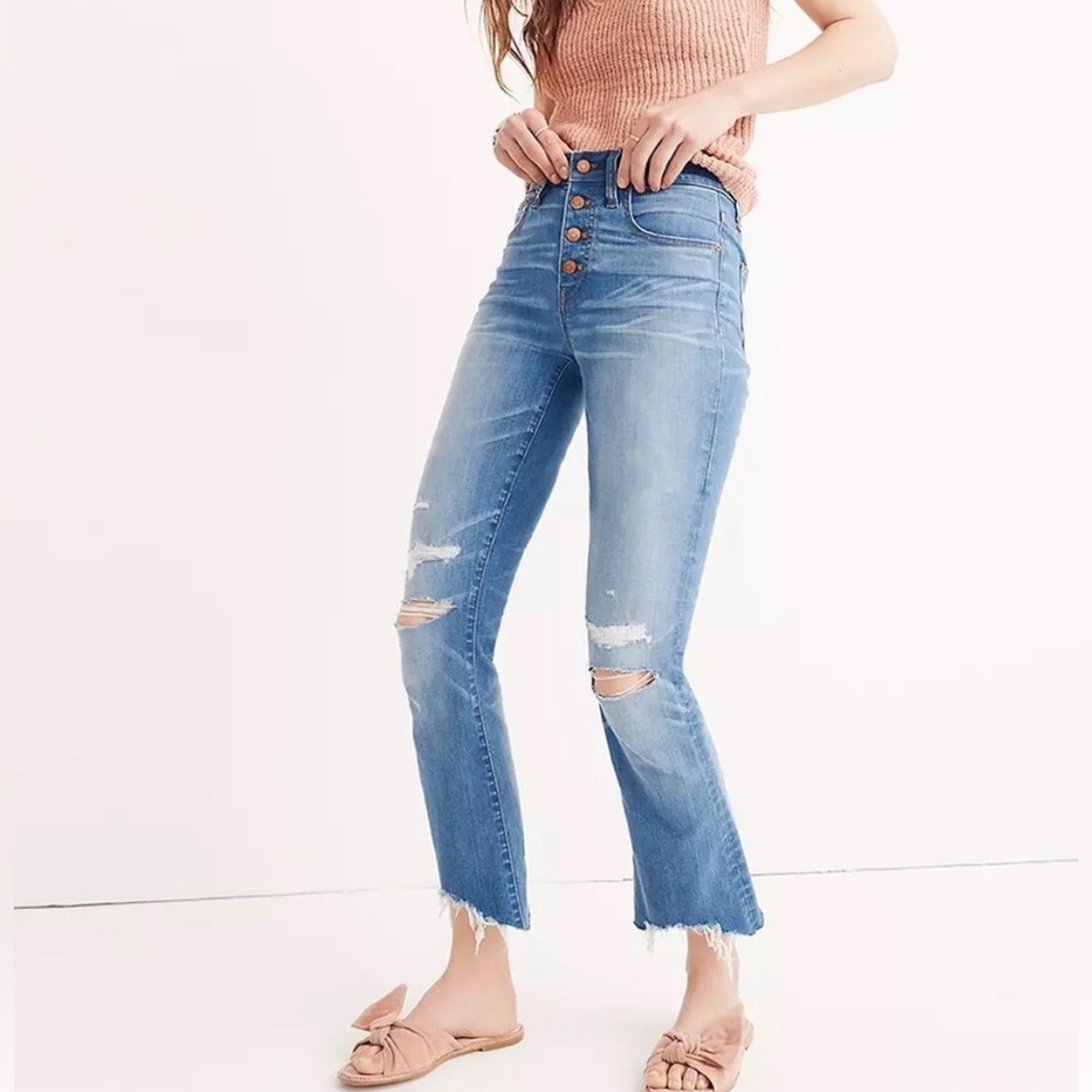 Madewell Cali Demi-Boot Distressed High Rise Button Front Jeans